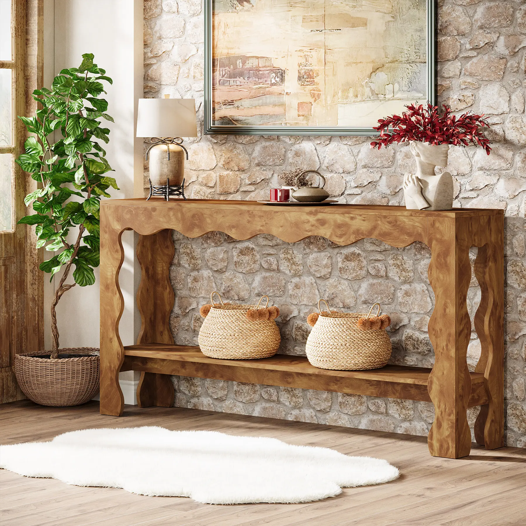 LITTLE TREE 63" Narrow Entryway Table, 2-Tier Long Modern Console Table with Scalloped Legs, Rustic Entry Sofa Table Behind Couch for Hallway, Living Room