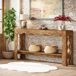 LITTLE TREE 63" Narrow Entryway Table, 2-Tier Long Modern Console Table with Scalloped Legs, Rustic Entry Sofa Table Behind Couch for Hallway, Living Room