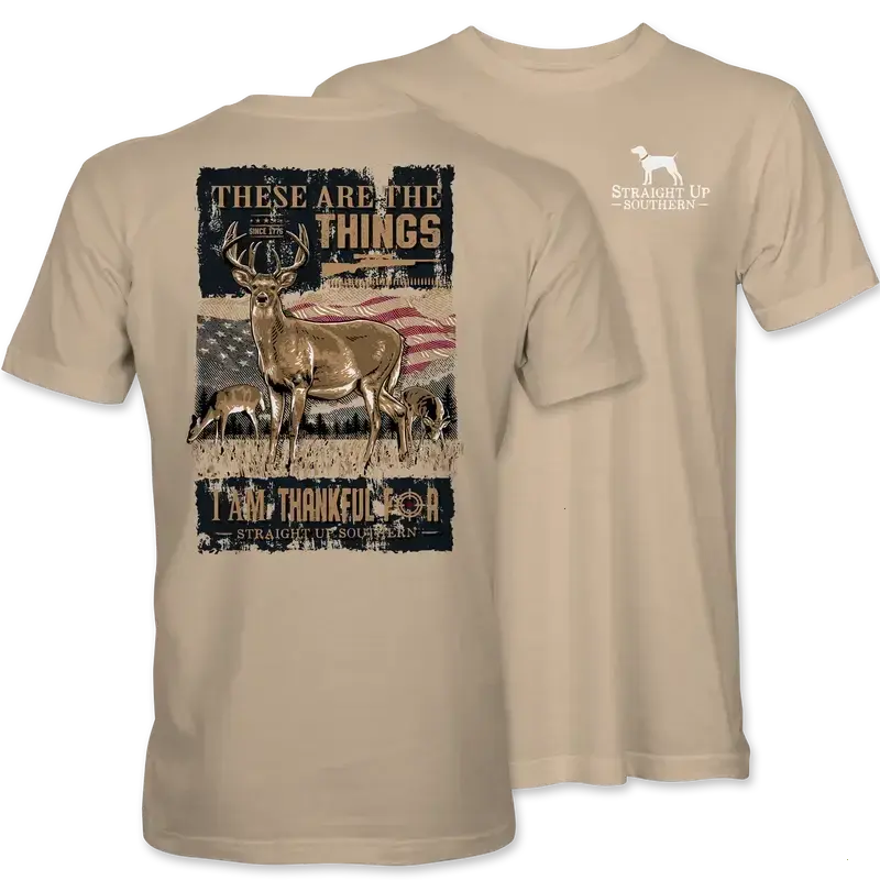 Straight Up Southern Thankful For The Outdoors Buck Short Sleeve T-Shirt Tan Classic Fit Soft Cotton Graphic Tee - KitchenEra