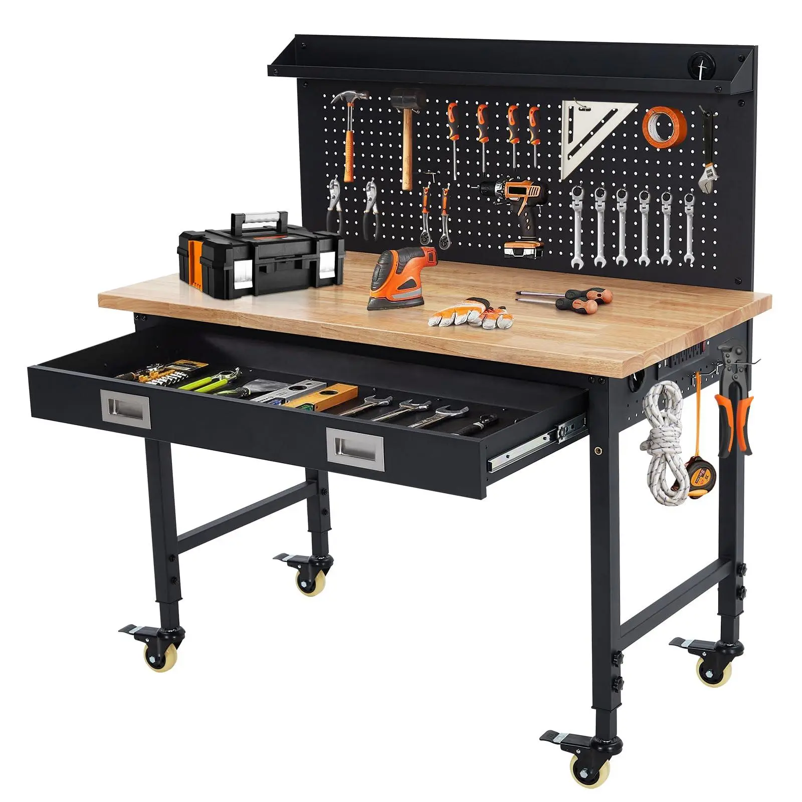 GARVEE 48 Inch Workbench, Adjustable Work Bench with Drawers, Pegboard, Garage Workbench, 2000 Lbs Load Capacity Rubber Wood Top, Heavy-Duty Rolling Work Benches for Workshop Warehouse