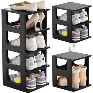 Shoe Organizer Rack for Small Spaces 5 Tier Plastic Vertical Narrow Shelves for Closet Black Shoe Holder, Stand for Entryway Storage Boots Organizer Stackable Cabinet