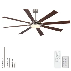 Charm 72 in. Indoor Brown Solid Wood Ceiling Fan with LED Light, Down rod mounted, 3CCT and 6-speed, Timer and Dim