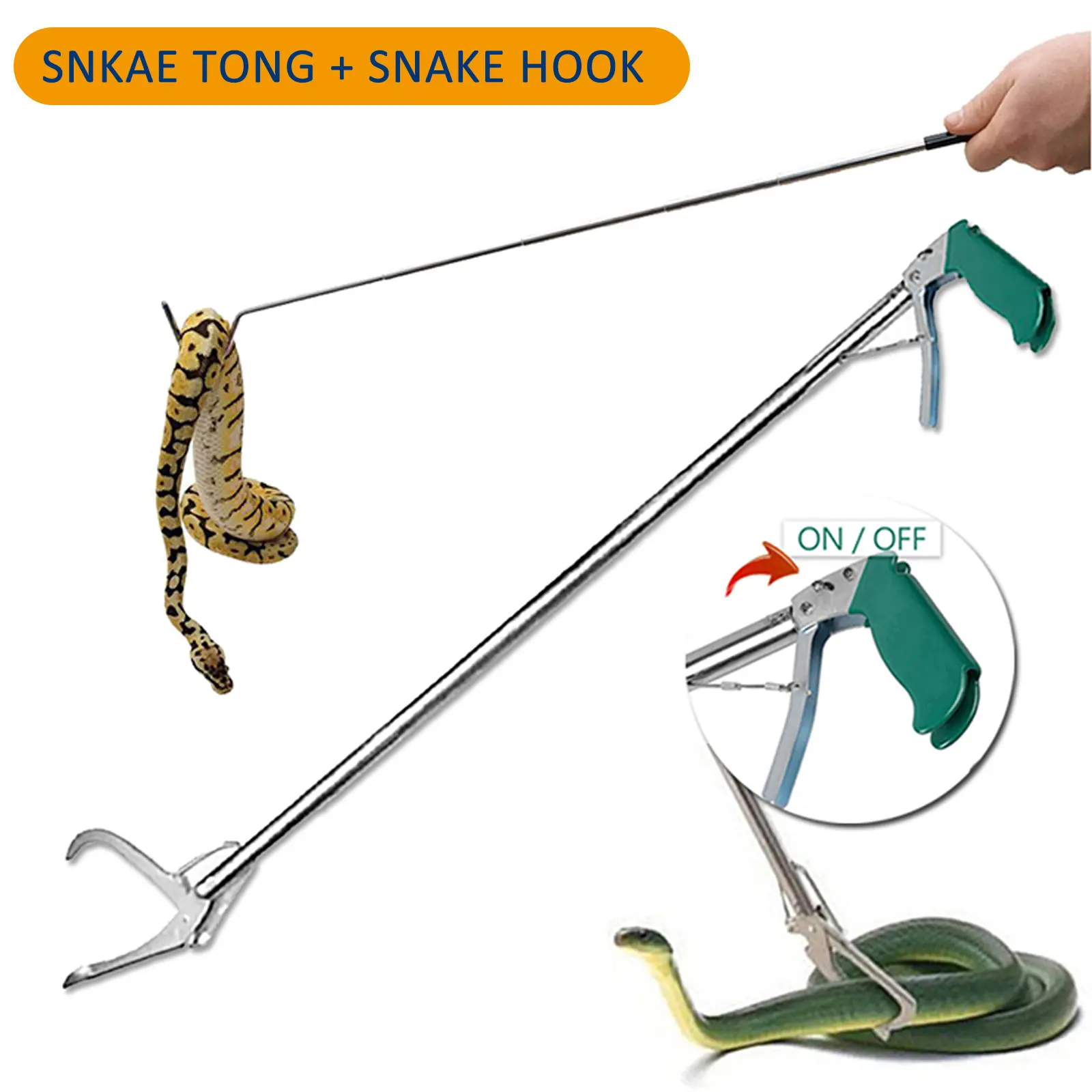 [2-in-1] Heavy Duty Snake Catcher Tool with Locking Wide Jaw Tong & Collapsible Hook - 47” Snake Tong + 40” Hook Suitable for Reptile Handling, Snake Removal, for Reptiles and Amphibians