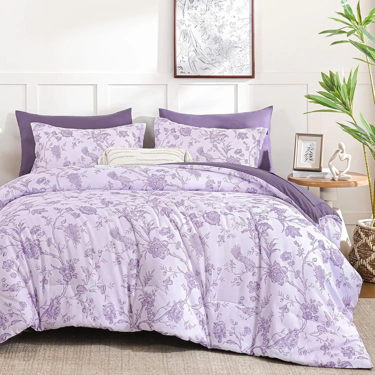 Floral  Comforter Set 7 count, Purple Bed in a Bag, Flower and Bird Bedding Set, Soft Reversible Comforter with Sheet Set 90"x90"