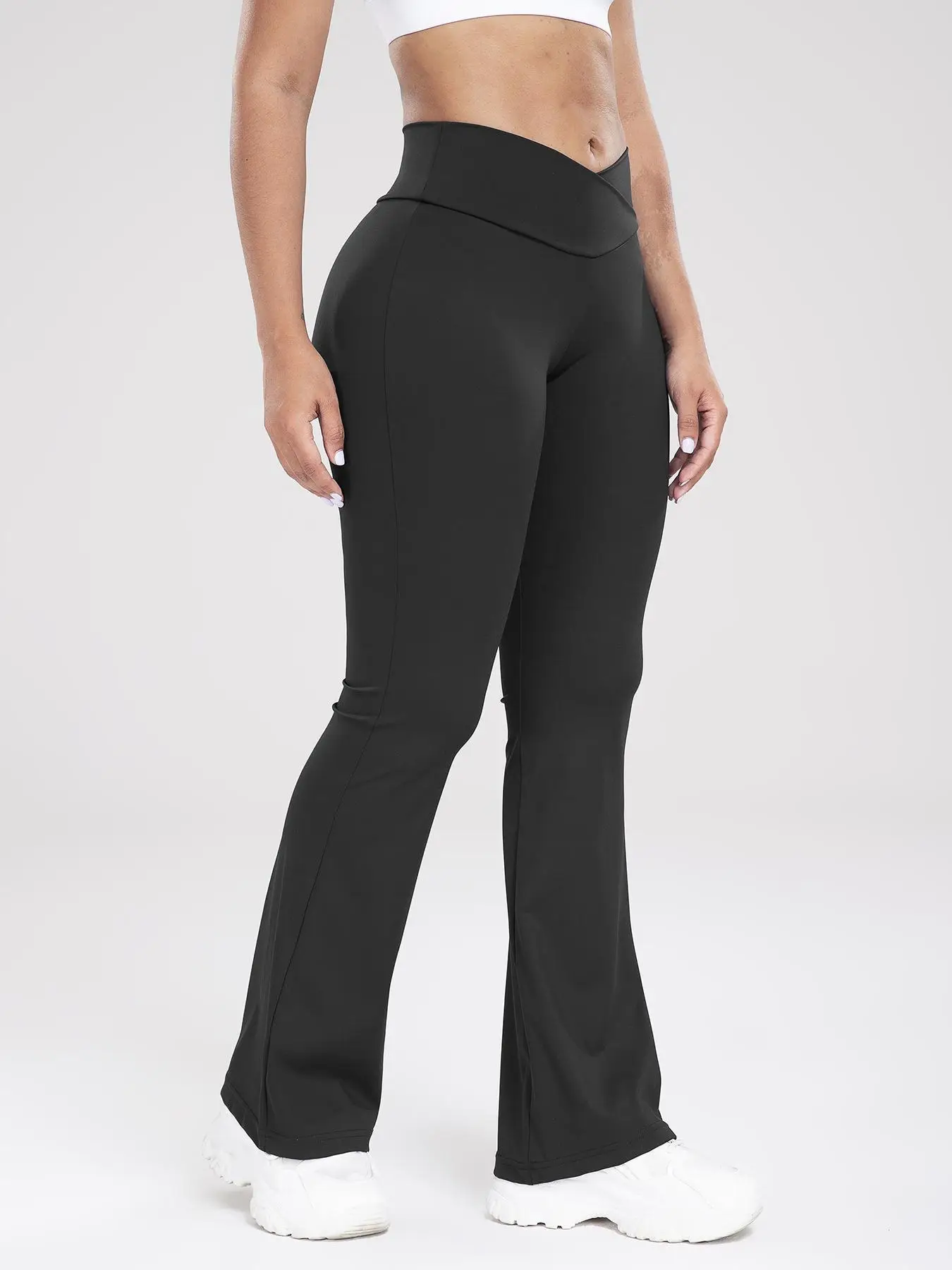 Women's Comfy Solid High Waist Flare Leg Sports Leggings, Casual Overlap Waist Design Bell Bottom Pants for Yoga Gym Workout Running, Breathable Ladie