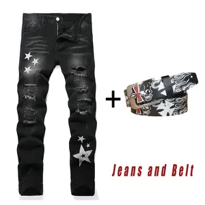Men's Y2K Distressed Star Embroidery Jeans with Skull Print Belt, Slim Fit Streetwear Denim Pants, Black Wash Casual stylish Trousers