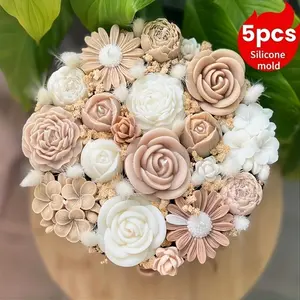 Floral Series Five-Piece Candle Mold Set, Includes Rose Bud Peony Daisy Egg Flower Molds, Perfect for Candle Bouquets Home Decor Gifts