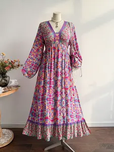 Plus Size Bohemian Floral Long Sleeve V Neck Dress, Loose Fit Woven Fabric, Fall & Winter Fashion, Women's Ethnic Style Clothing