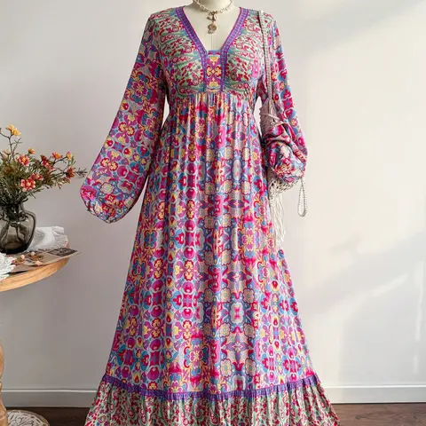 Plus Size Bohemian Floral Long Sleeve V Neck Dress, Loose Fit Woven Fabric, Fall & Winter Fashion, Women's Ethnic Style Clothing, Boho Dresses