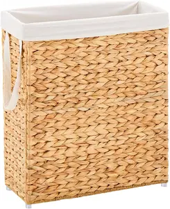 Slim Laundry Hamper, 75L Handwoven Natural Water Hyacinth Basket and Handles, Narrow Laundry Basket with Removable Liner Bag & 2 Mesh Bags