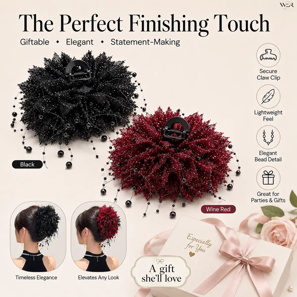 Women's Lace Flower Hair Claw Clips - Black, Red Bead, Sparkling, Elegant, Lightweight, Comfortable, Versatile Feminine Cute Hair Accessories for Party Gifts, Daily Wear, Hair Clips Claw