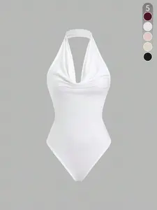 Women's Solid Color Ribbed Tank Bodysuit, Casual Sleeveless Bodysuit for Summer, Ladies Clothes for Daily Wear, Tops, Basic