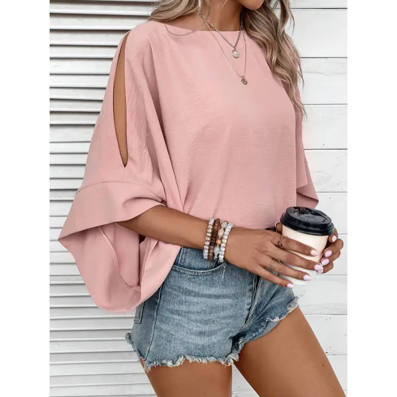 Batwing Sleeve Boat Neck Blouse, Casual Solid Color Split Blouse For Spring & Summer, Women's Clothing