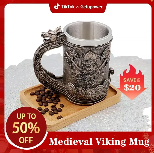 [NEW GIFT]Medieval Viking Mug 18OZ Stainless Steel Tankard Norse Mythology Poetic Gothic Decor Party Gift for Men Unique Drakkar Warrior Design Food Grade Safe Durable The Best Christmas Gift for men Father's Day Gifts