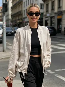 A women's fashion lazy-chic beige lapel short jacket, a loose and breathable drawstring cardigan suitable for spring and summer, perfect for commuting, casual gatherings, and sun protection layering in various occasions, Coats