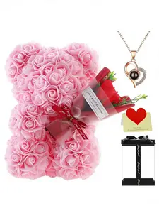 Love Language Heart Necklace Bear Set, Includes Love Pendant, Hugging Flower Bouquet Bear, Greeting Card, Gift Box, Perfect for Mother's Day