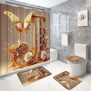 French Luxury Custom Letter J Design Shower Curtain Set, Bathroom Decor, Includes 12 Hooks, Non-Slip Bath Mat, U-Shaped Pad, Toilet Seat Cover
