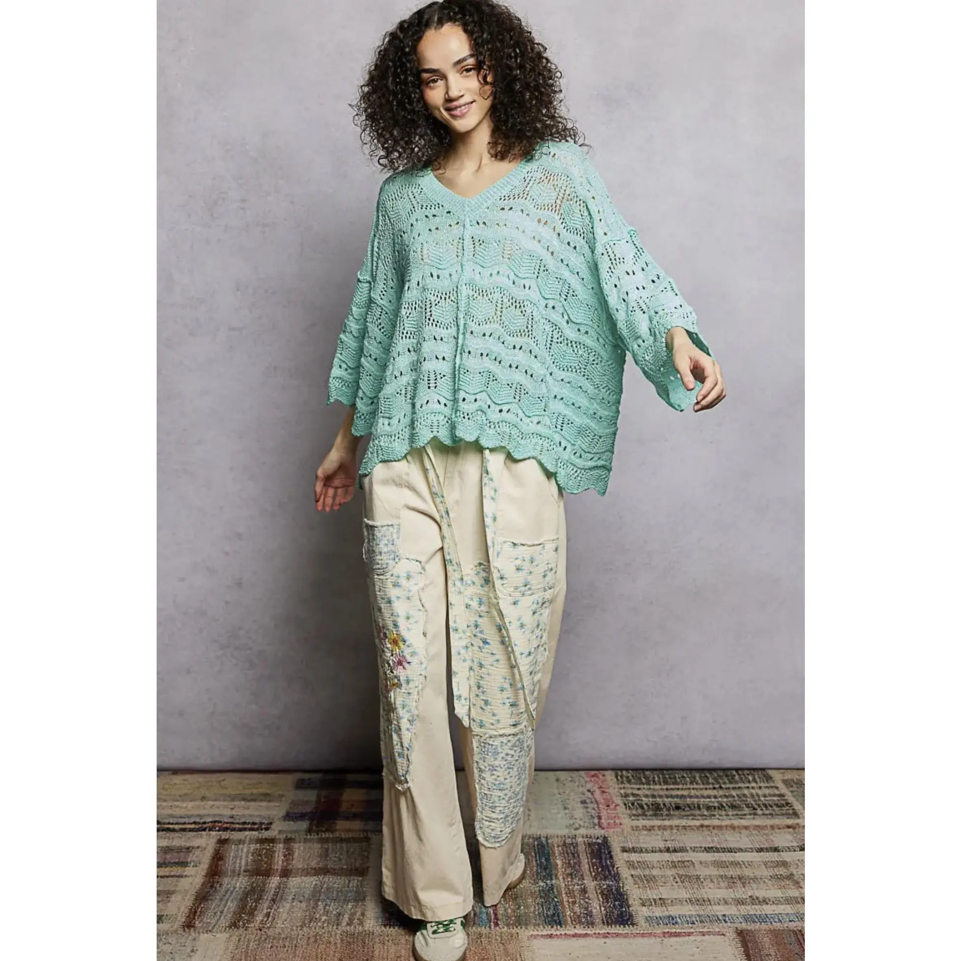 Open Knit V-Neck Oversized Short Sleeve Sweater Top