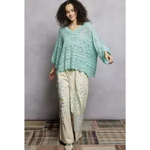 Open Knit V-Neck Oversized Short Sleeve Sweater Top