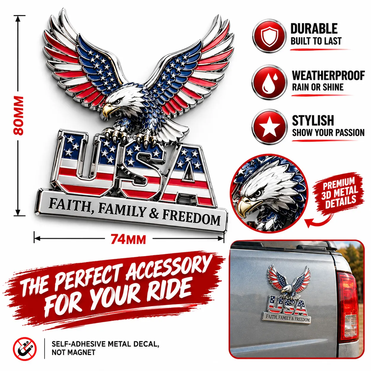 Eagle USA 3D American Bald Eagle Car Sticker - High-Quality, Thickened, Waterproof, Peel-Off, Reusable Faith & Family Themed Automotive Exterior Decoration
