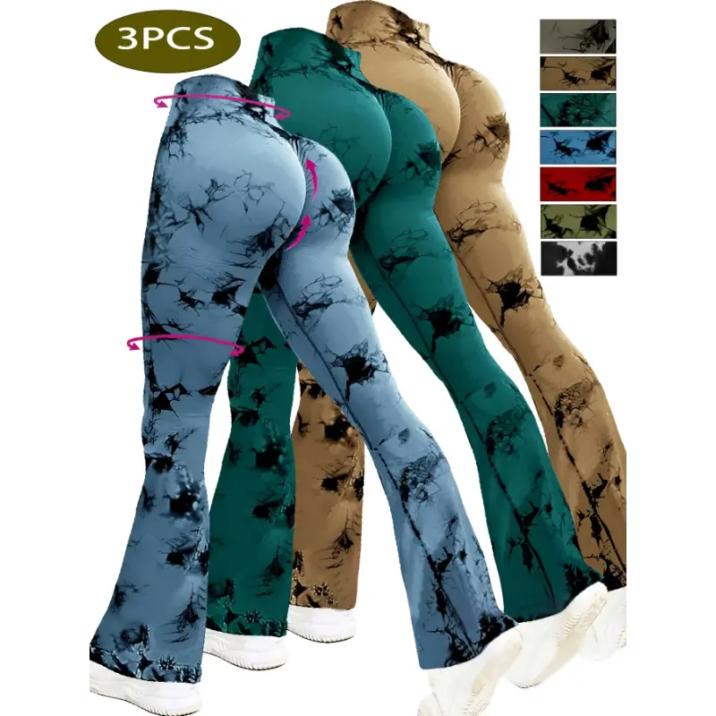 Women's 3pcs High-Waist Tie-Dye Wide Flare Leg Athletic Bottoms - Stretch Polyamid, Non-See-Through Knit, Supportive Yoga Running Pants, All Over Print, All Seasons, Red/Olive Green/Blue-Green Camouflage Adult Multi Pack, Tie-Dye Print, 3-Pieces