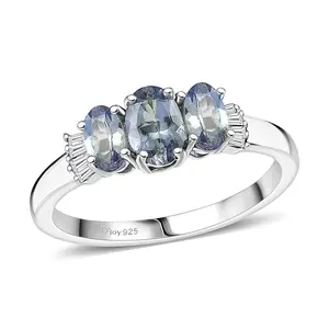 Shop LC Peacock Tanzanite and Diamond 1.10 ctw 3 Stone Ring in Rhodium Over Sterling Silver Size 7.0