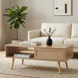 41.34" Rattan Coffee Table, Sliding Door for Storage, Solid Wood Legs, Modern Table for Living Room, Natural