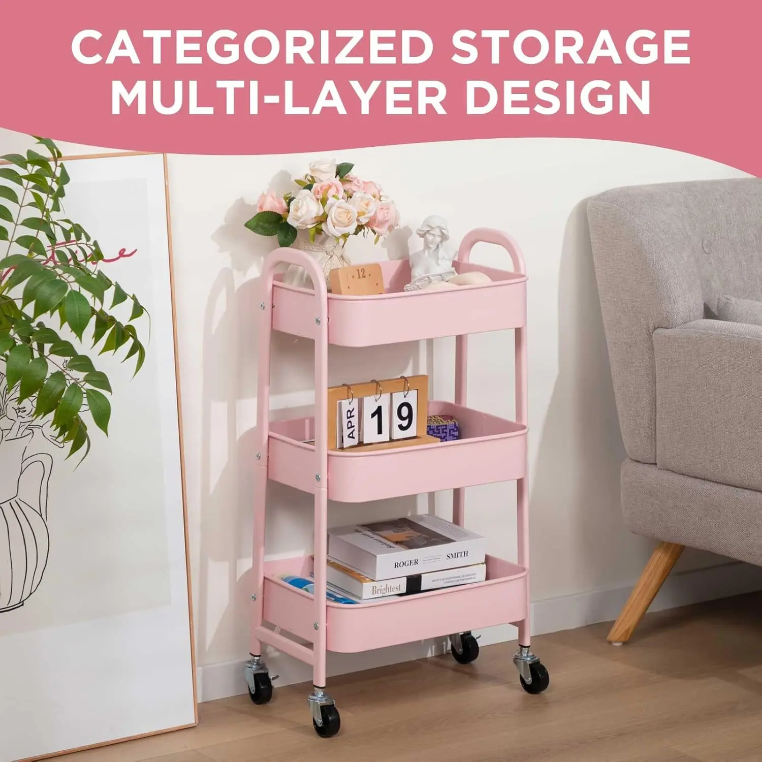 3 Tier Rolling Cart , Metal Utility Cart, Sturdy Storage Organizer Cart with Locking Wheels &  for Office, Classroom, Kitchen and Bathroom