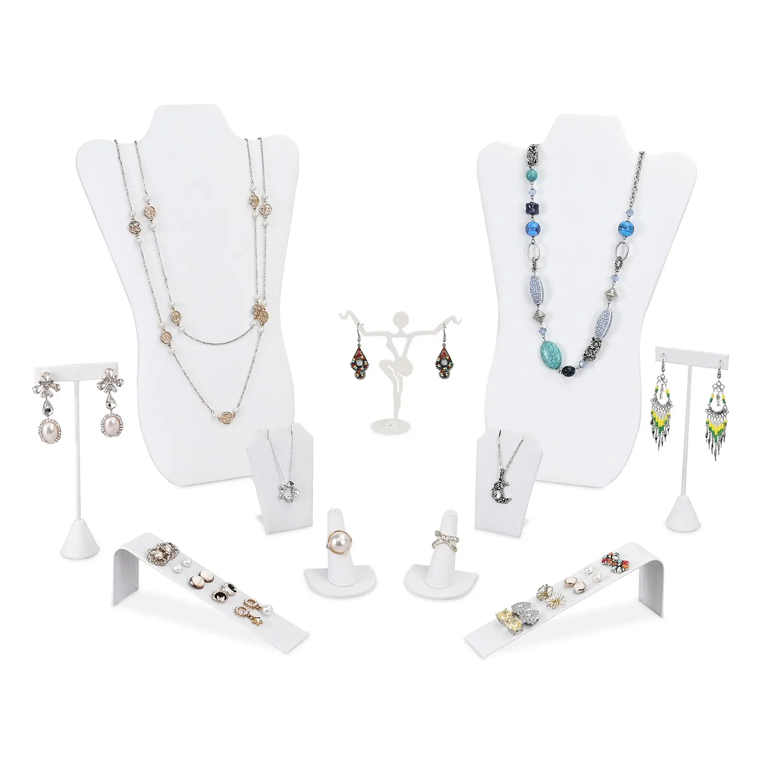 #JWY1309-LW 11 Pcs Jewelry Display Set, Necklace Display Bust, Earring Organizer, Ring Holder Stand for Showcase and Store, Premium White Faux Leather