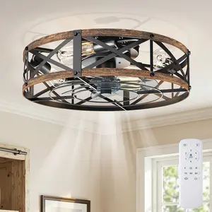 19" Farmhouse Flush Mount Ceiling Fan with Lights, Caged Fandelier Rustic Low Profile Design, Small Bladeless Ceiling Fan with Remote for Kitchen, Bedroom, ETL Listed