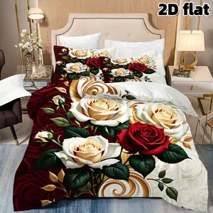 2D Flat 3Pcs Elegant Red Gold Rose Floral Decorative Duvet Cover, Romantic Soft Microfiber Bedding (1 + 2 Pillowcases, Unfilled), Aesthetic Bedroom & Dorm Decor, Gift for Her