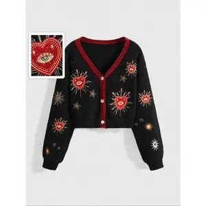 Women's V-Neck Button-Up Knit Cardigan Knitwear, Cropped Loose Fit Long Sleeve with Love Sun Star Embroidery, Ribbed Detail for Fall Winter
