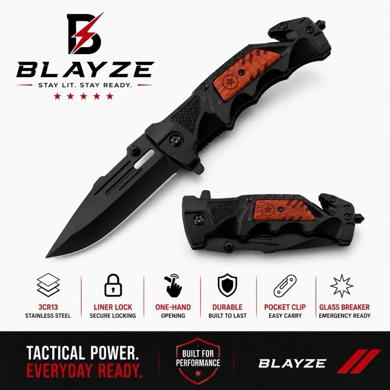 BLAYZE Folding Utility Knife with Glass Breaker, Pocket Clip & One-Hand Opening