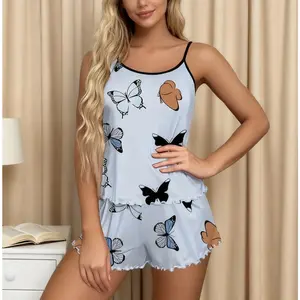 Butterfly Print Pajama Set Lettuce Trim Cami Top  Elastic Waistband Shorts Women  Sleepwear Loungewear Butterfly Print Pajama Pj Set Casual Cami Top and Ruffle Short Set Fashion Sleepwear Comfy Loungewear