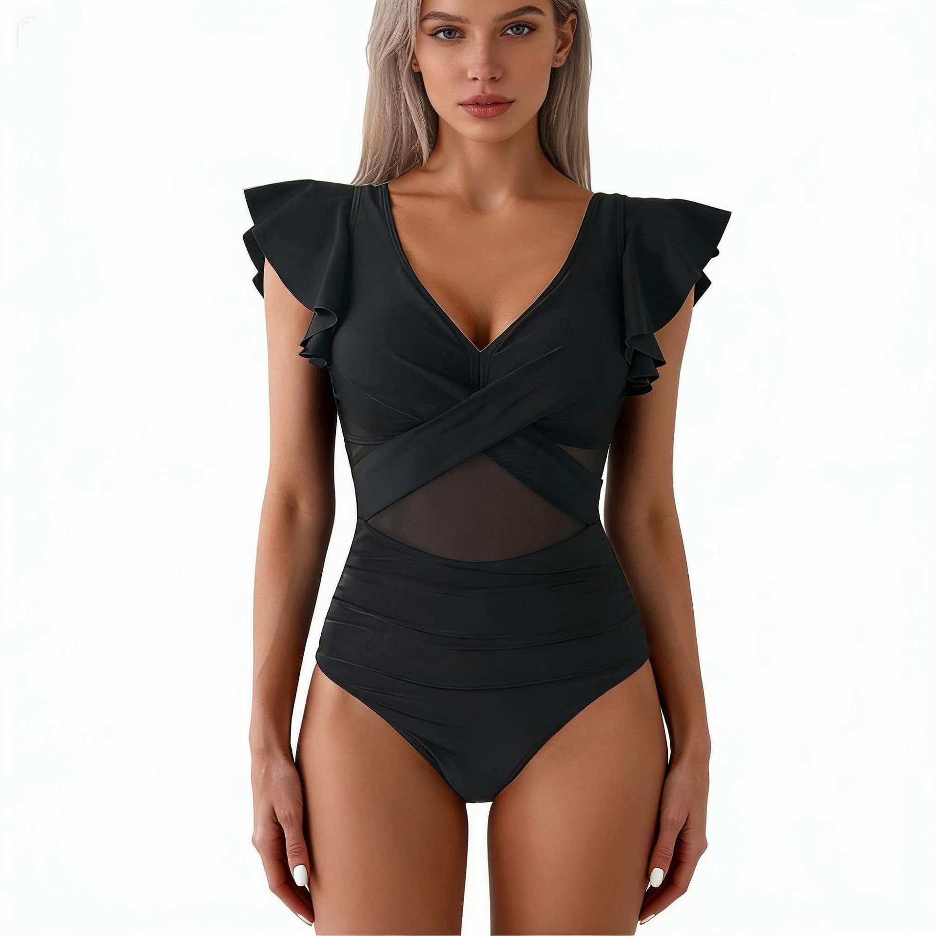 New European and American style swimsuit, mesh bikini, women's quick-dry sports one-piece swimsuit