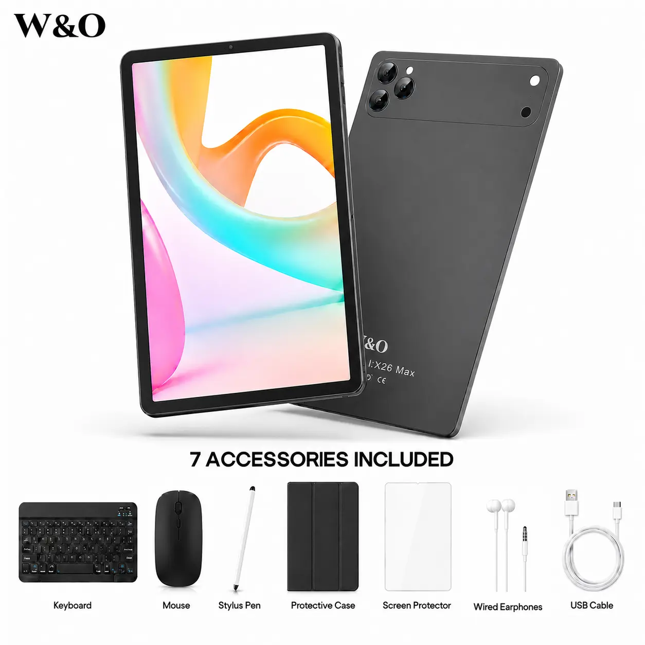 W&O 2026 Android 15 Tablet Bundle, 11-Inch HD Touchscreen, 12GB RAM + 256GB Expandable Storage, 10000mAh Long-Lasting Battery, 5G WiFi, Dual Camera, Keyboard, Mouse, Stylus & Case Included, Portable Tablet for School, Work, Travel & Entertainment