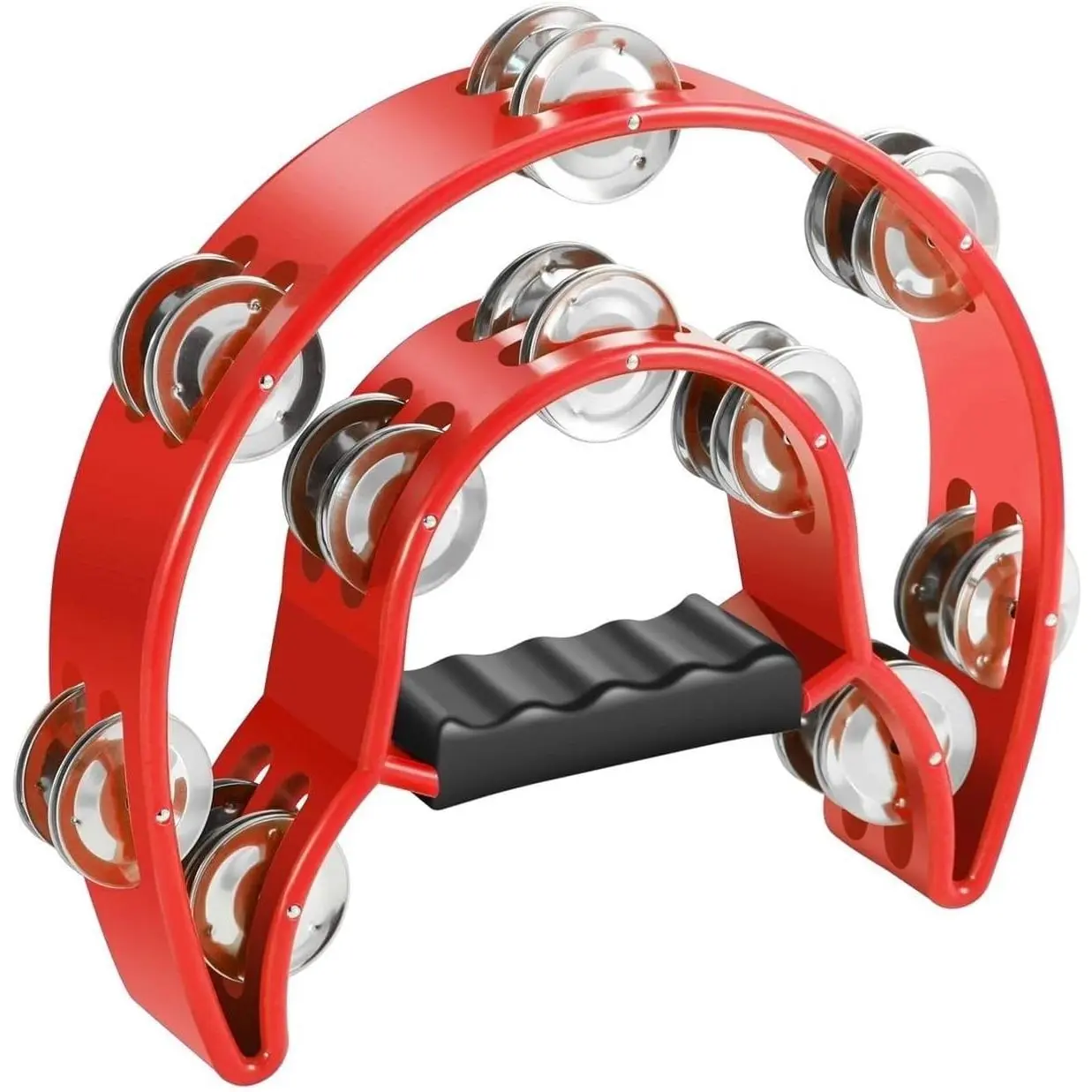 Unisex 10 Inch Sturdy Lightweight Plastic Half-Moon Tambourine - Double Row Metal Jingles, Comfortable Steady Grip Handle, Handheld Percussion Instrument for Adults, Church, Clubs, Classical Music
