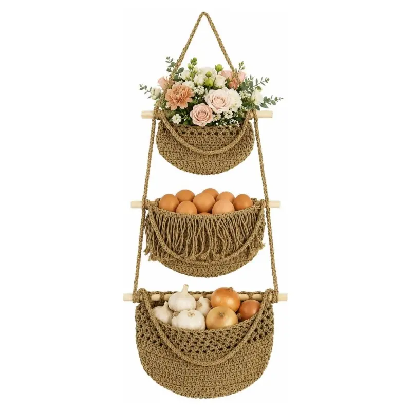 3 Tier Hanging Fruit Basket for Kitchen - Boho Macrame Woven Wall Storage for Onion and Potato, Space-Saving Cotton Rope Produce Organizer for Pantry & Bathroom