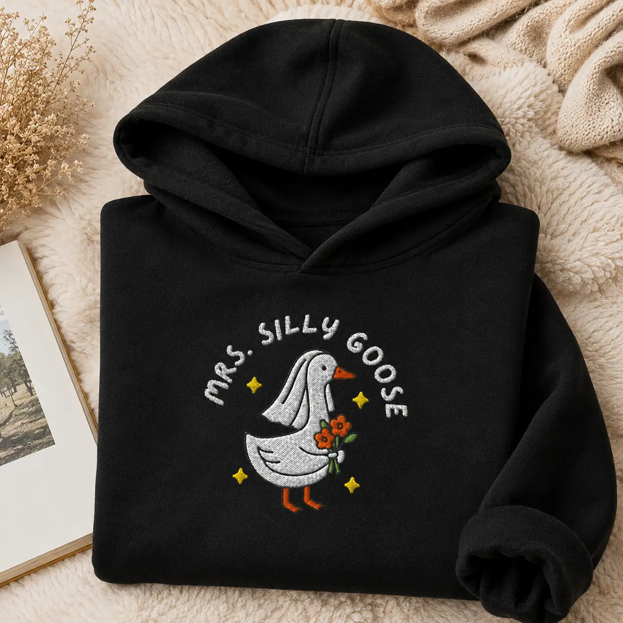 Embroidered Mrs Silly Goose Floral Bouquet Women Hoodie Bachelorette Party, Cute Bridal Autumn Wedding Fleece Pullover Fiancee Gift