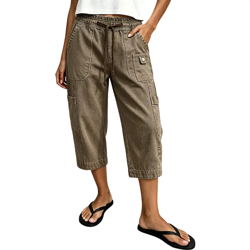 Flamingals Solid Patch Pocket Drawstring Elastic Barrel Leg Capri Pants Stretchy 18.9'' Inseam