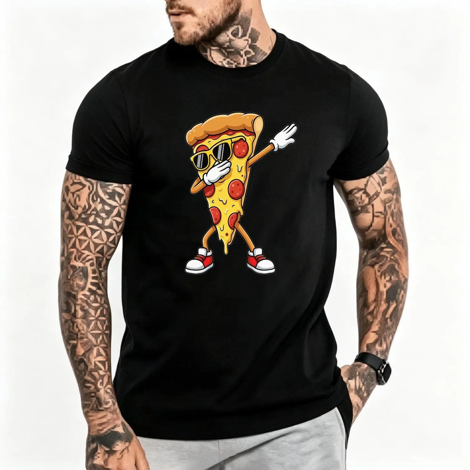 Retro Pizza Slice Men Short Sleeves Sport T Shirt Dabbing Pizza Slice Graphic Round Neck Casual Seasonal MachineWashable Pizza Lover Party Apparel