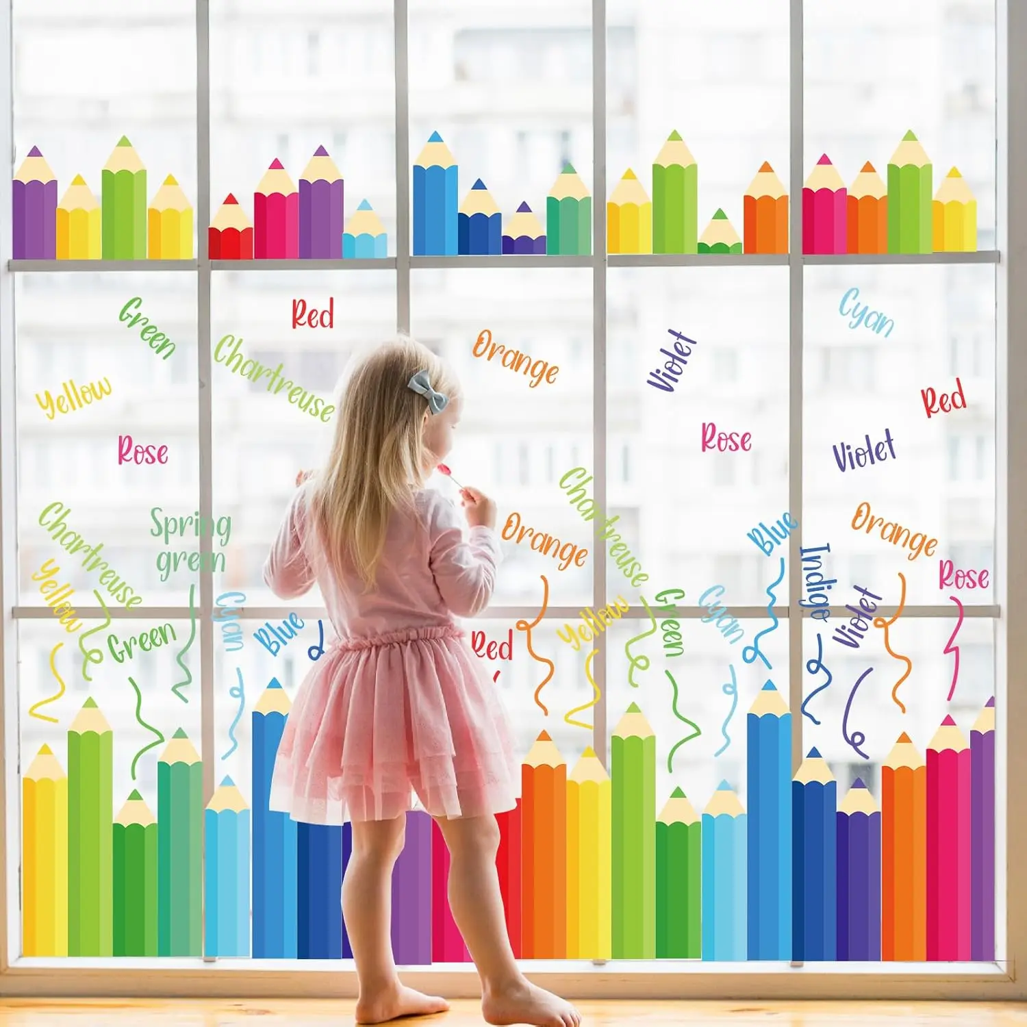 9 Sheets  to School Pencil Static Window Decals Colorful Pencil Window Clings Color Educational Window Stickers for First Day of School Home  Wall Blackboard Decor