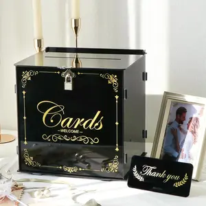 Acrylic Wedding Card Box with Lock, Black Gift Card Box for Wedding Reception & More