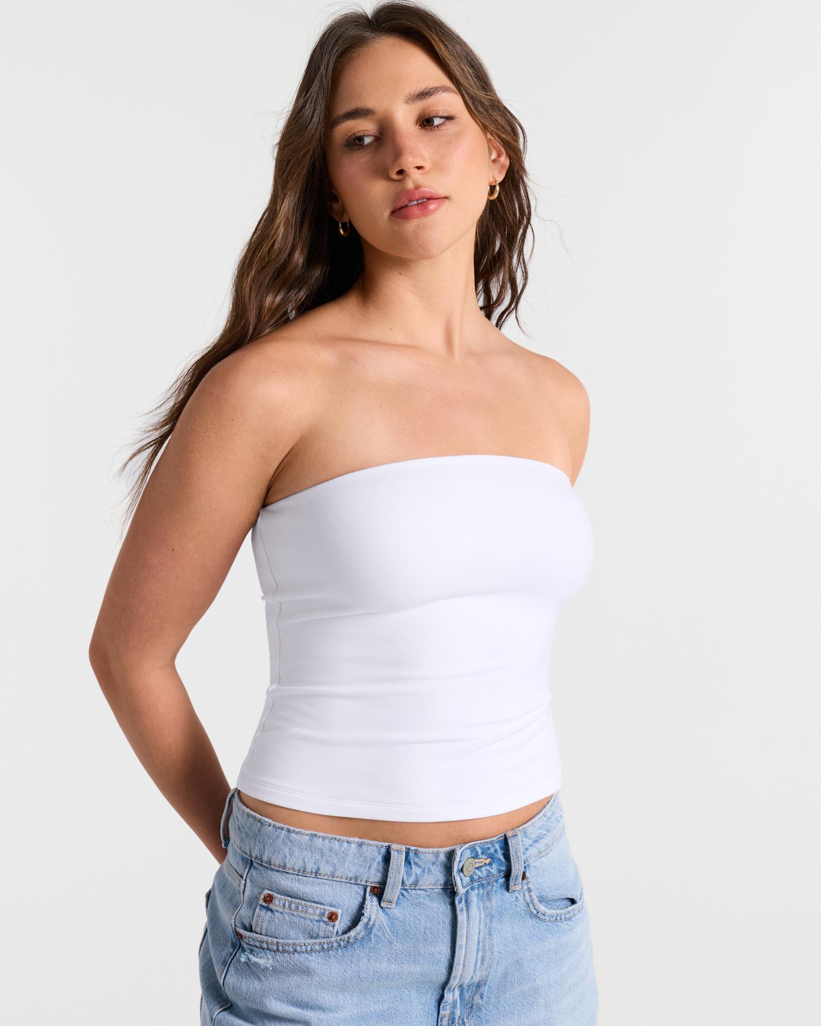 SOLBRACE Women's Double Layer Bandeau Crop Tube Tee, Buttery Soft High Stretch Fabric, Snatched Tight Fit Ultra Stretchy Not See-Through, Daily Layering Essential