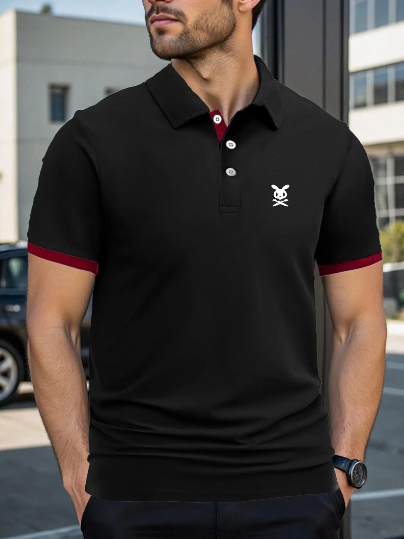 Men's Regular Fit Classic Casual Skull & Rabbit Print Buttoned Polo Shirt, Casual Short Sleeve Top for Summer, Fashion Men's Clothes for Daily Wear, Tropical, Casual Polo Shirts