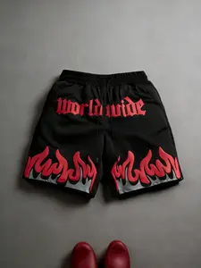 Flame Print Patchwork Street Style Shorts, Loose Fit Drawstring Design, Trendy and Eye-Catching, Unique and Versatile