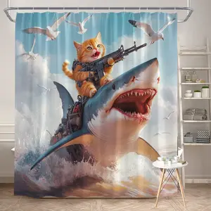 1Pc Creative Cat Riding Shark Shower Curtain Fun Animal Pattern Polyester Fabric Bathroom Decor Bathtub Partition Hanging Curtain with 12 Hooks 70.8x70.8 Inch