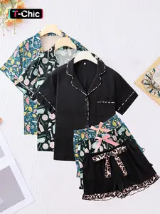 6-piece combination women's full body digital printed pajamas set, Fitted short sleeved shorts suitable for all seasons, pocket collar butterfly pants, home wear, Loungewear, Nightwear