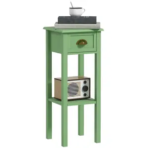 2-Tier Side Table with Drawer and Shelf – End Table for Living Room and Hallway, Slim 11.75" Wide, MDF Construction, Anti-Tipping Strap, 33 lbs Capacity, Green