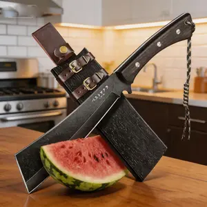 Freelander  Big Fruit knife Japanese Style High Carbon Steel with Red Sandalwood Ergonomic Full Tang Handle and Wood-Leather Sheath — Heavy-Duty Tool for Camping, Gardening,Outdoor,Hiking, and Yard Work Gift idea for Man,Holiday,